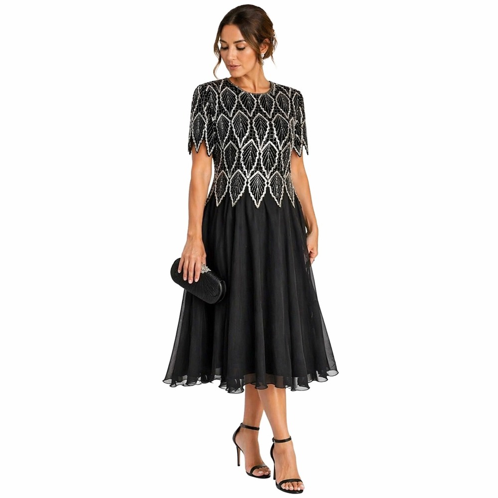 Laurence Kazar Art Deco Beaded Midi Dress Black Silver Mother of the Bride M 90s